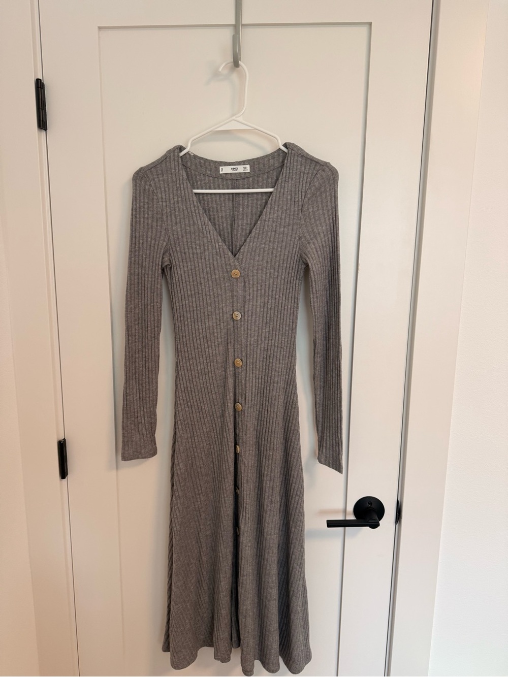 Mango Ribbed Button-Front Long Sleeve Gray Dress